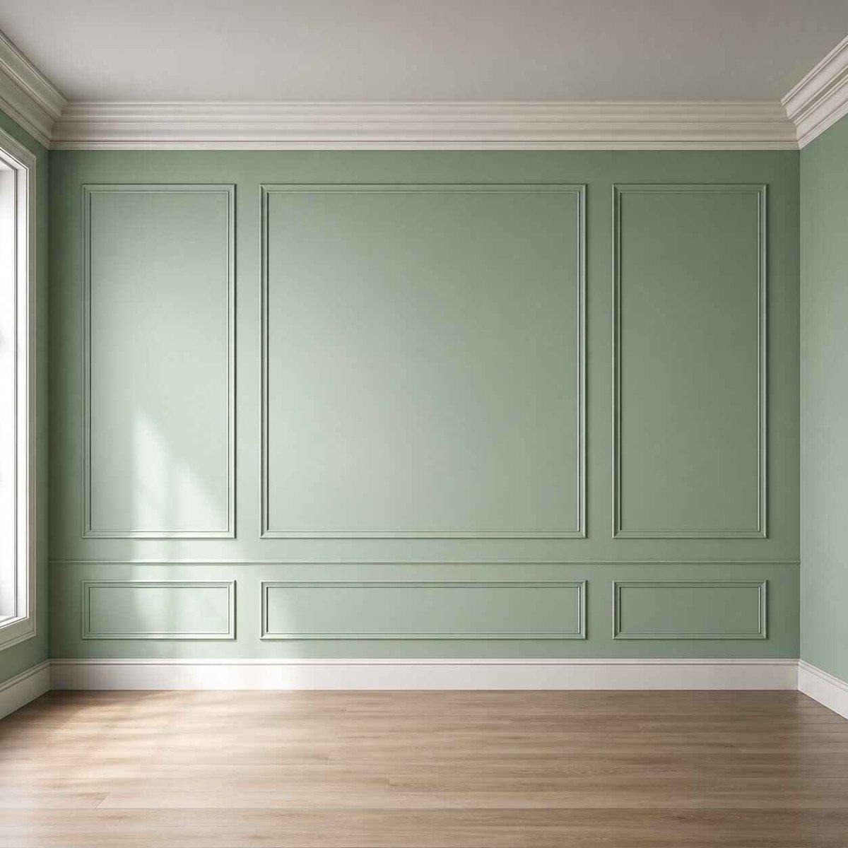 Empty room with sage green paneled walls, white trim, and light wood flooring with window on left side