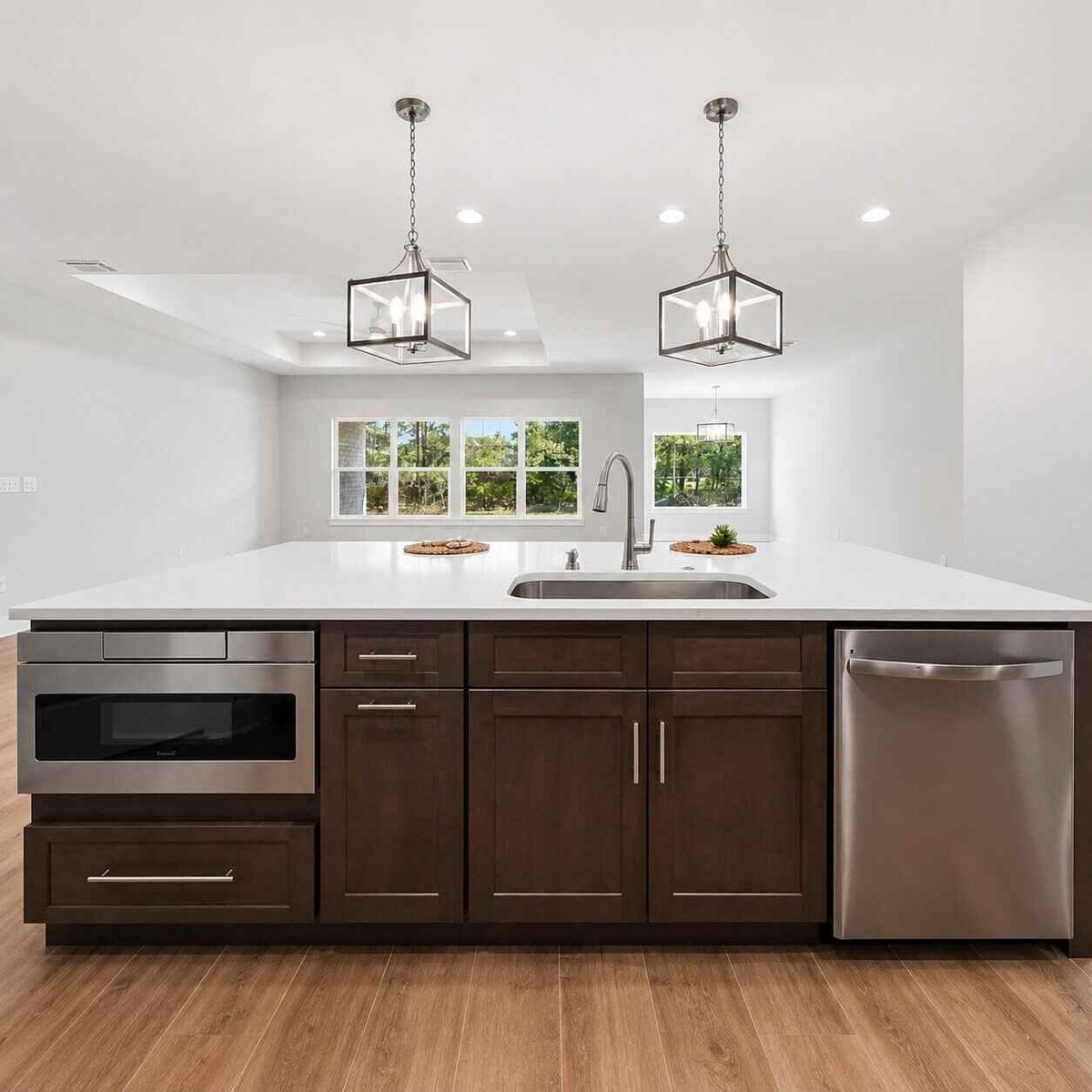 Modern kitchen with dark wood cabinetry, stainless steel appliances, white quartz countertop, pendant lighting, and large window above sink
