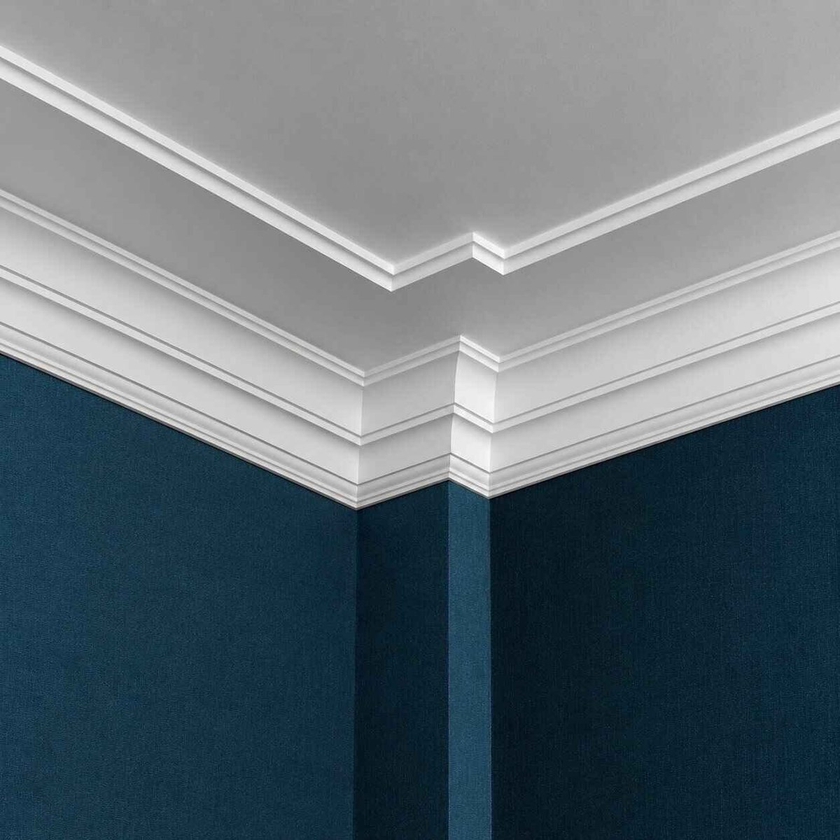 Decorative white crown molding on ceiling corner against dark teal walls