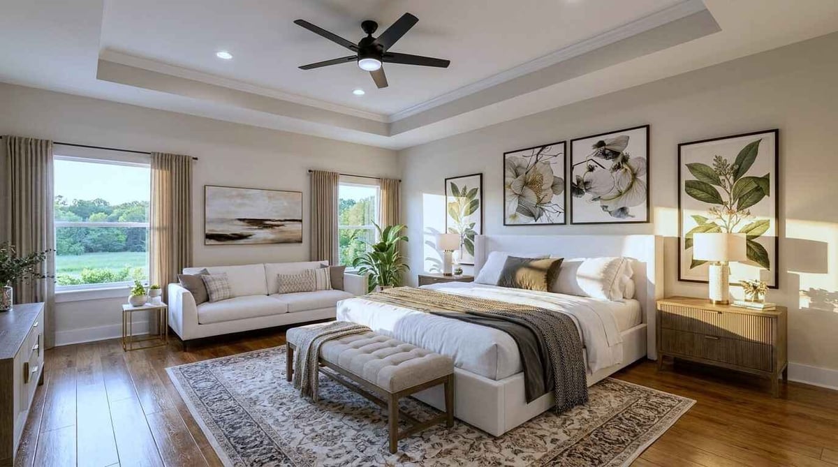 Spacious master bedroom with king bed, lounge seating area, hardwood floors, ceiling fan, and large windows overlooking green landscape
