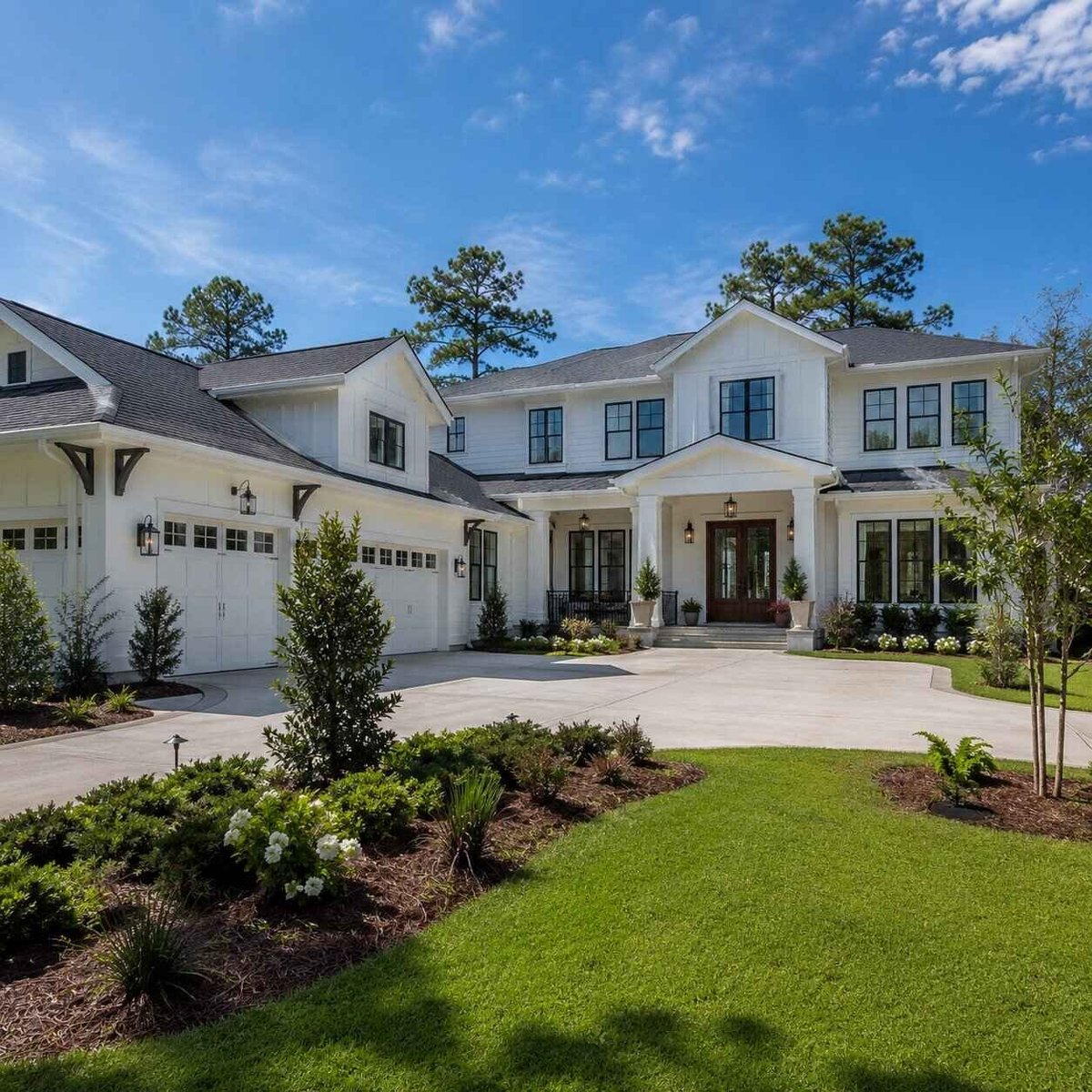 Modern white two-story house with double garage, brick driveway, manicured landscaping, and clear blue sky