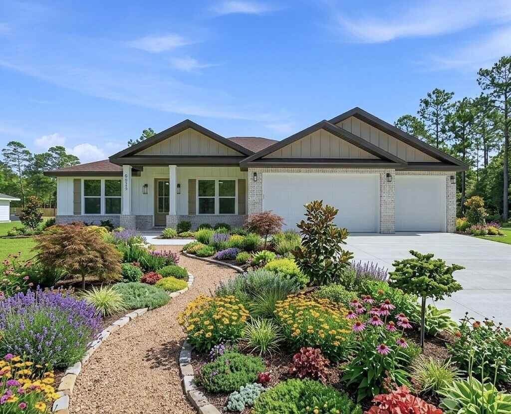 Modern single-story house with white exterior, dual garages, and colorful landscaping featuring purple flowers and shrubs