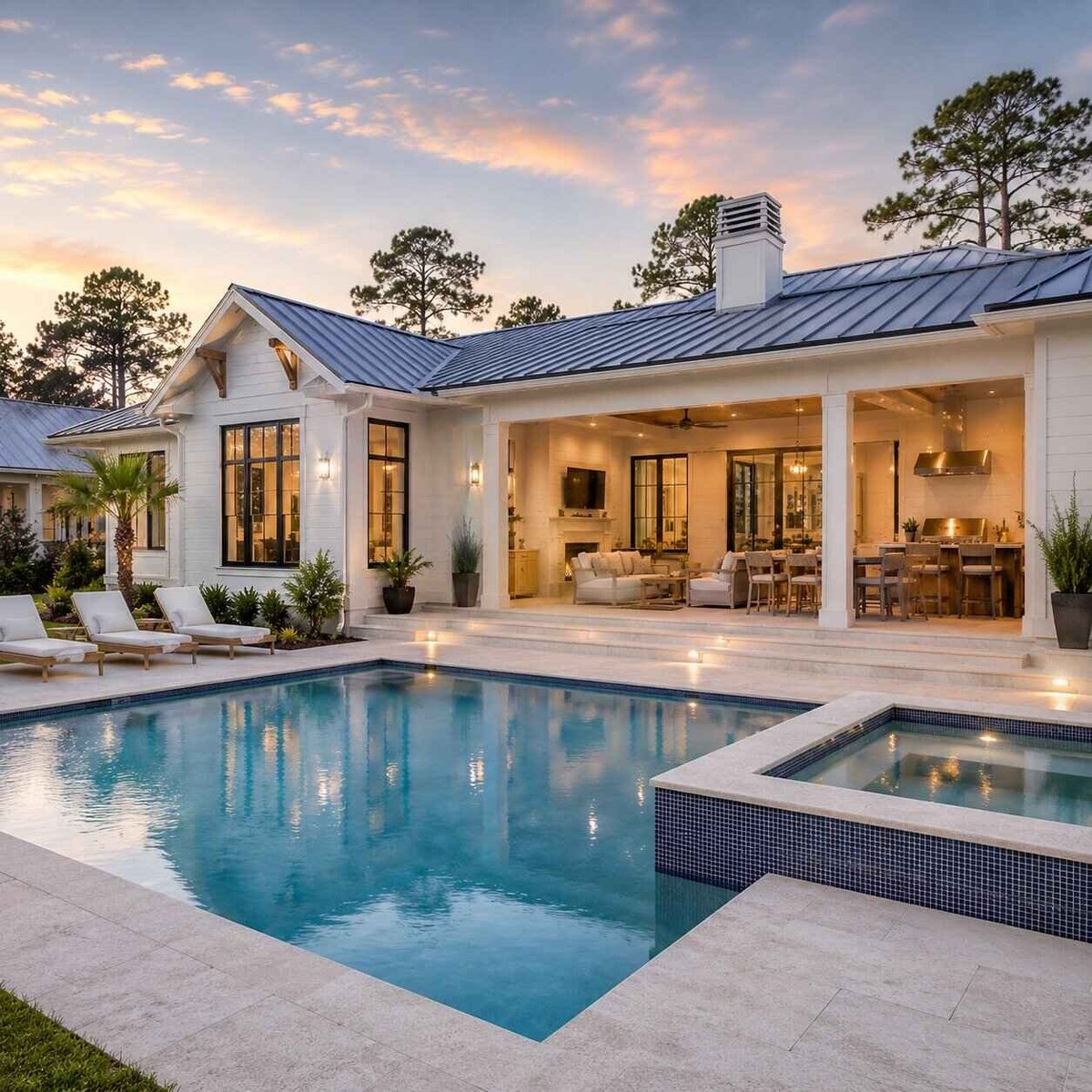 Modern white house with metal roof, pool, and spa at dusk with illuminated interior and outdoor seating areas