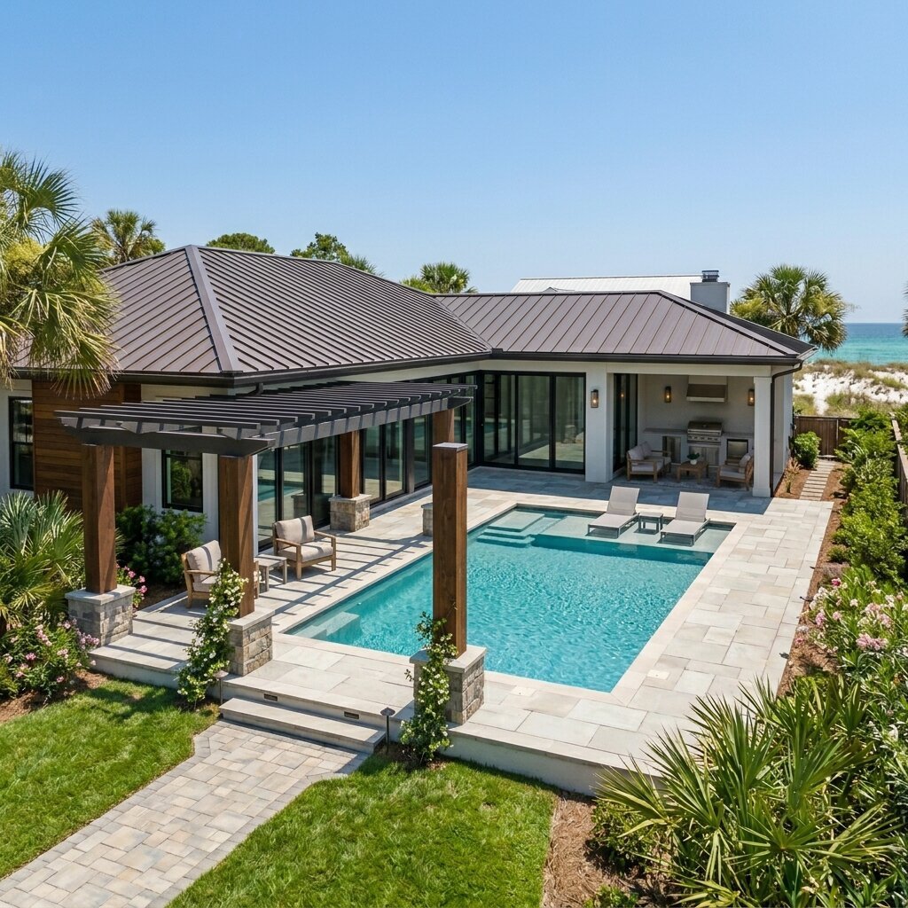 Modern coastal home with pool, patio, and pergola surrounded by manicured lawn and tropical plants