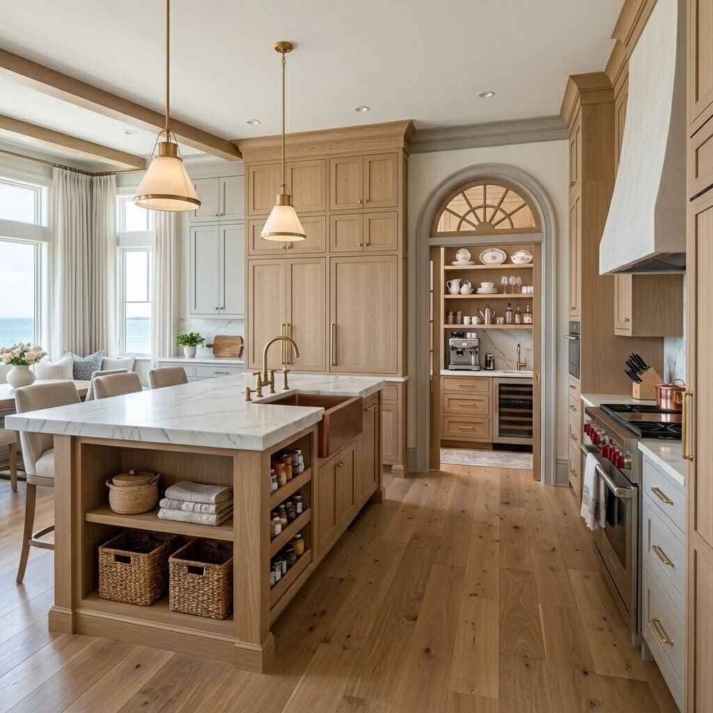 Spacious kitchen with wooden cabinetry, marble-topped island, pendant lights, and arched display shelving