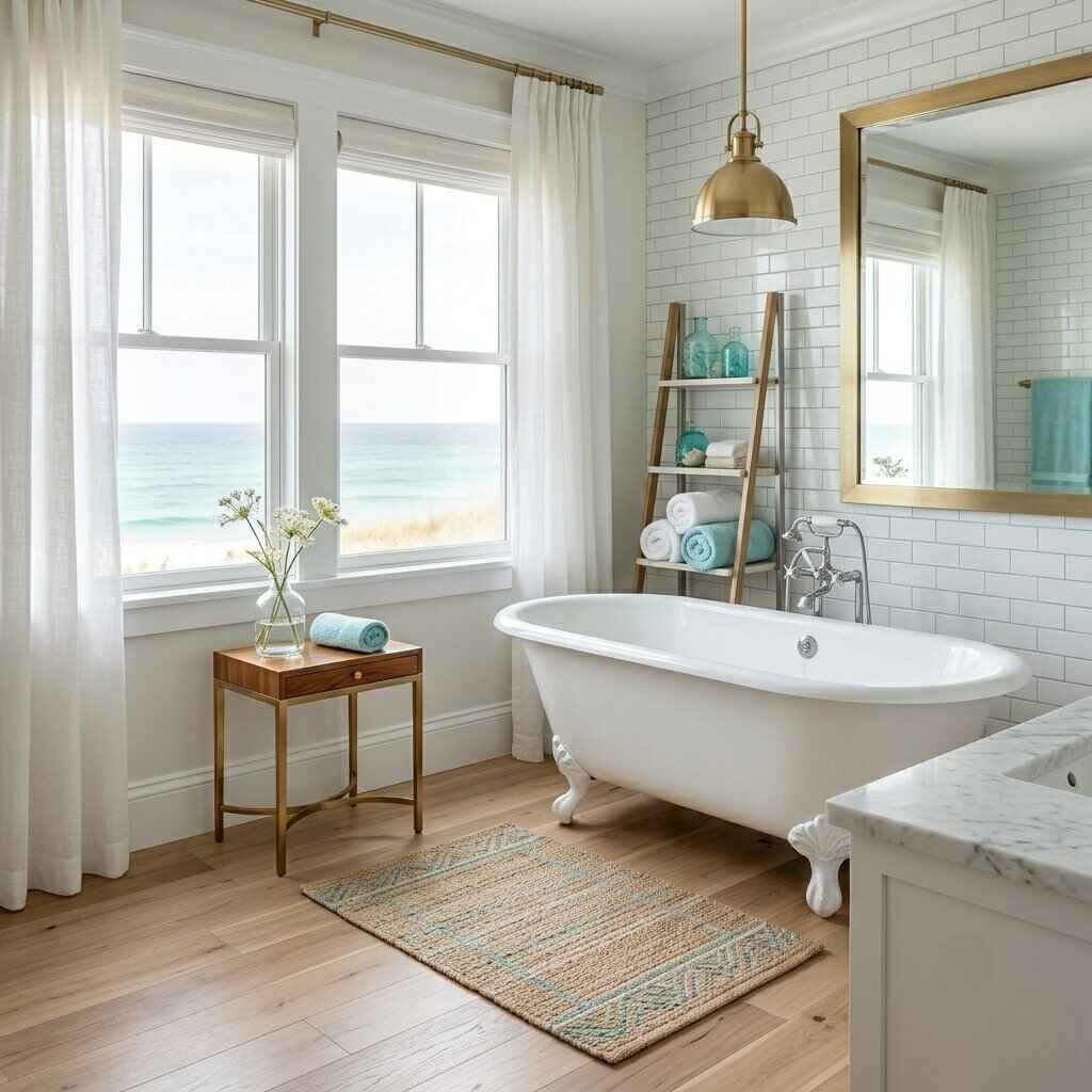 Bright coastal bathroom with freestanding white tub, white subway tiles, wooden ladder shelf, and ocean view windows